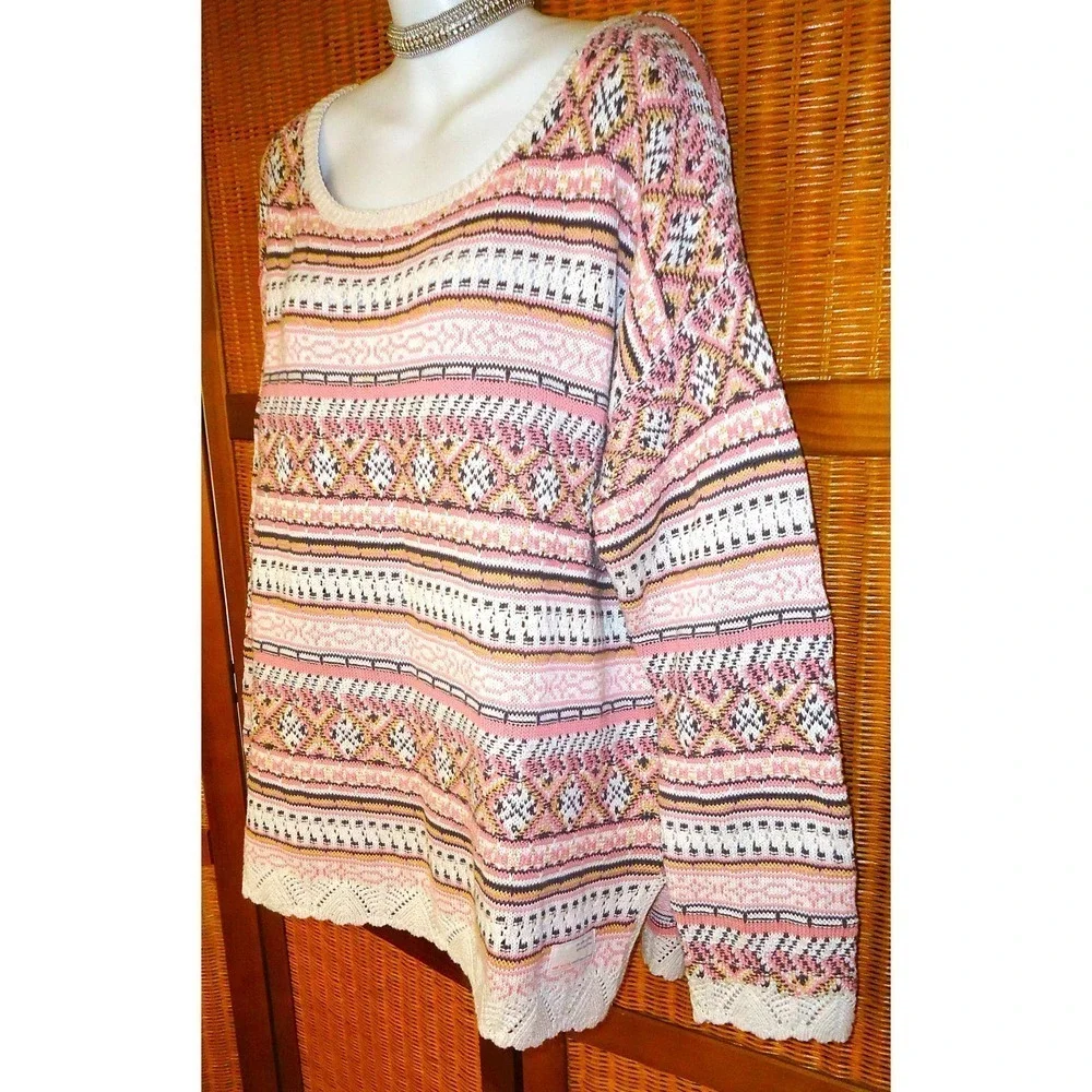ODD MOLLY PINK FAIR ISLE CREW NECK COTTON KNIT SWEATER SIZE 3 LARGE - Picture 5 of 11